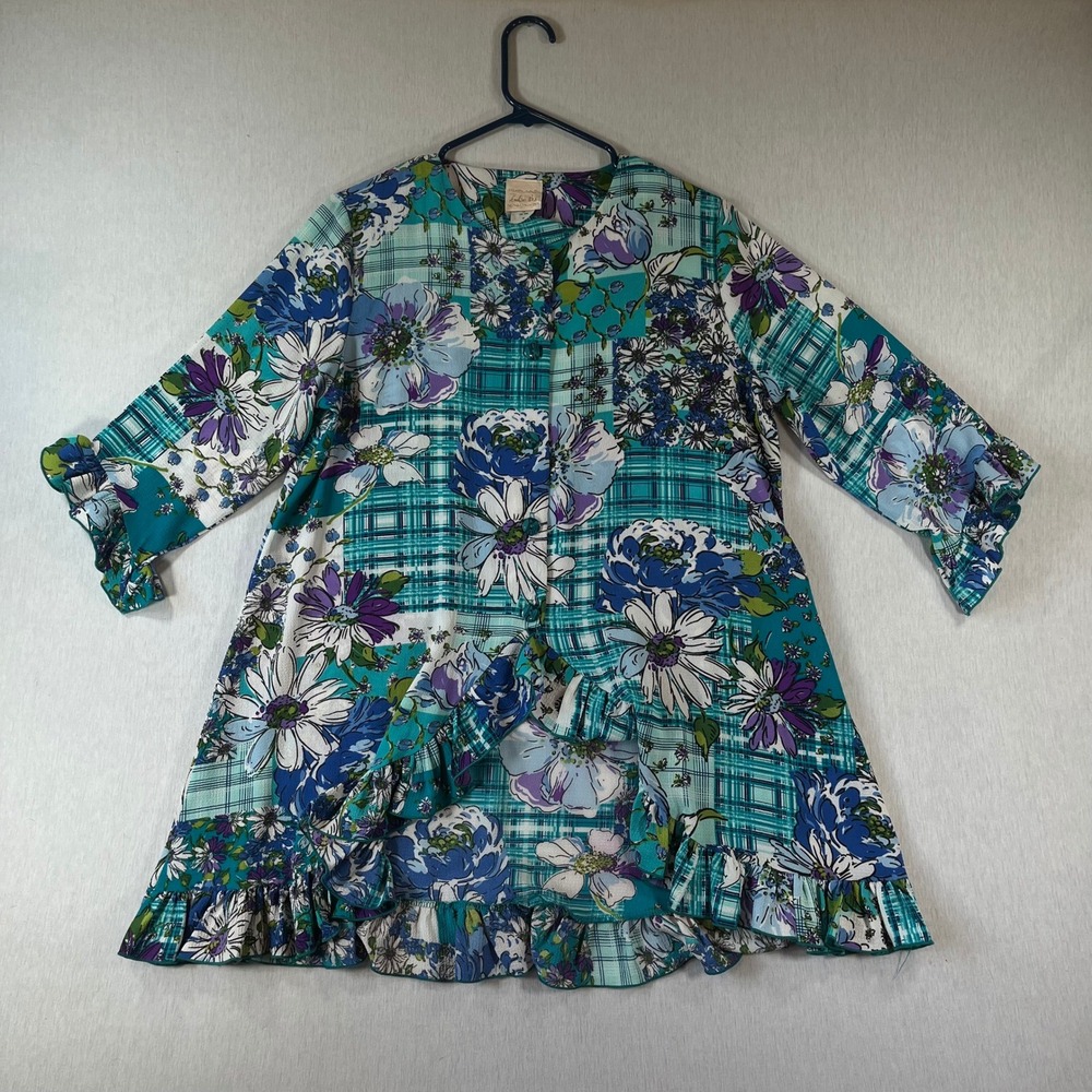 Zadie B's Tunic Top Medium Floral Patchwork Ruffle Teal Blue Purple Made in USA